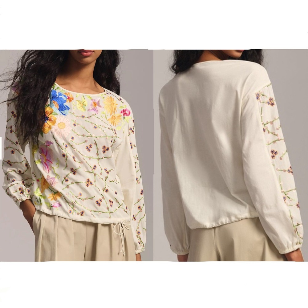 Tiny Anthropologie White Floral Embroidered Long Sleeve Blouse Top Small 72077T